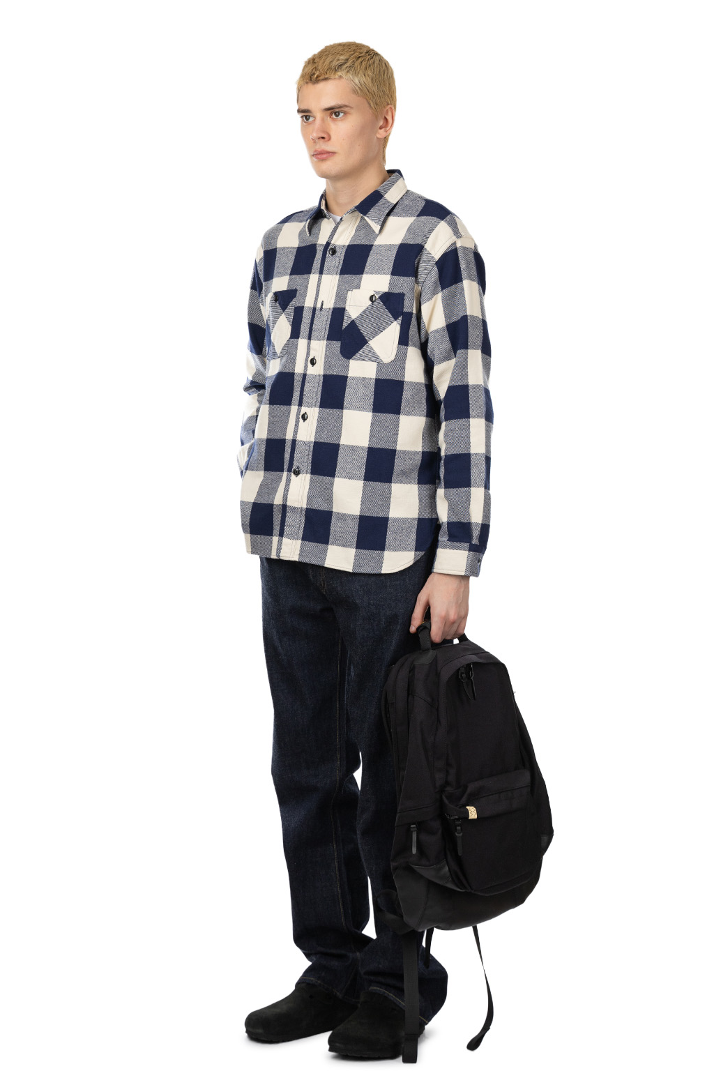 Sugar Cane - Twill Check LS Work Shirt - Navy