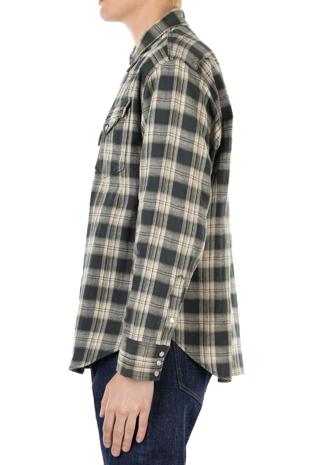 Sugar Cane - Washer Herringbone Check Western Shirt - Black