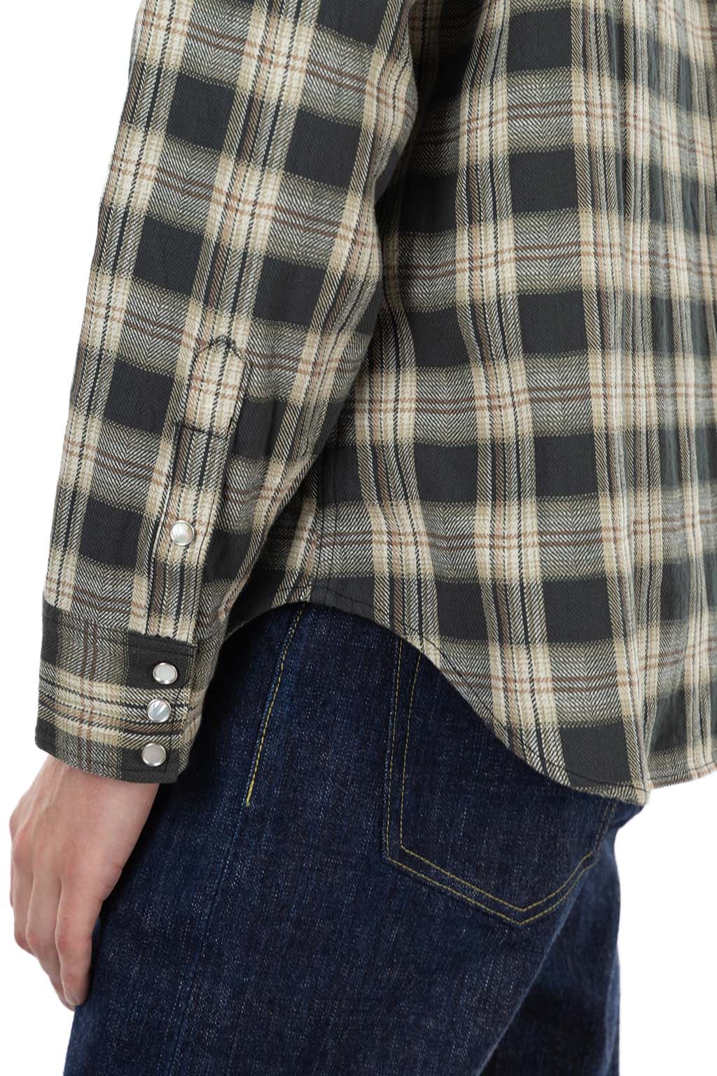 Sugar Cane - Washer Herringbone Check Western Shirt - Black