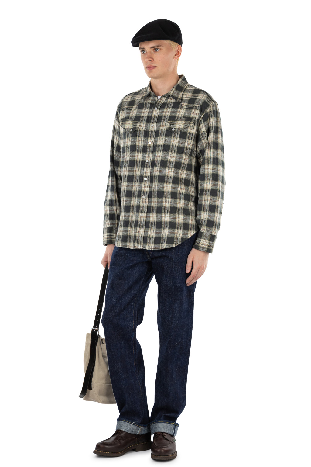 Sugar Cane - Washer Herringbone Check Western Shirt - Black