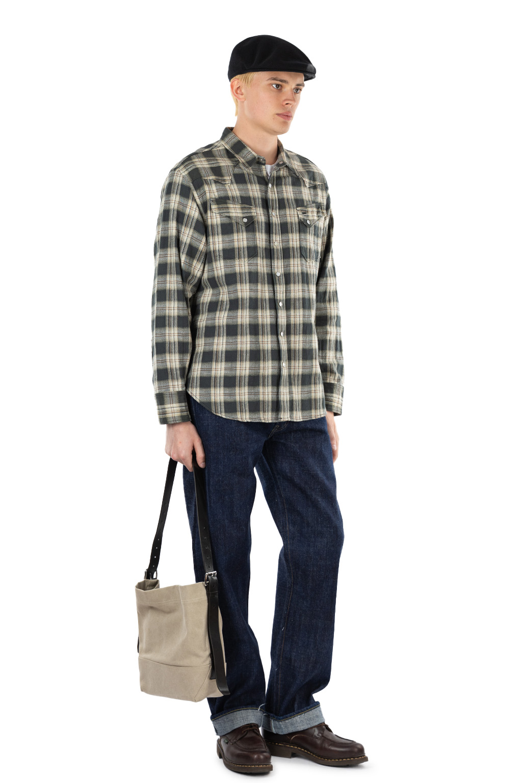Sugar Cane - Washer Herringbone Check Western Shirt - Black