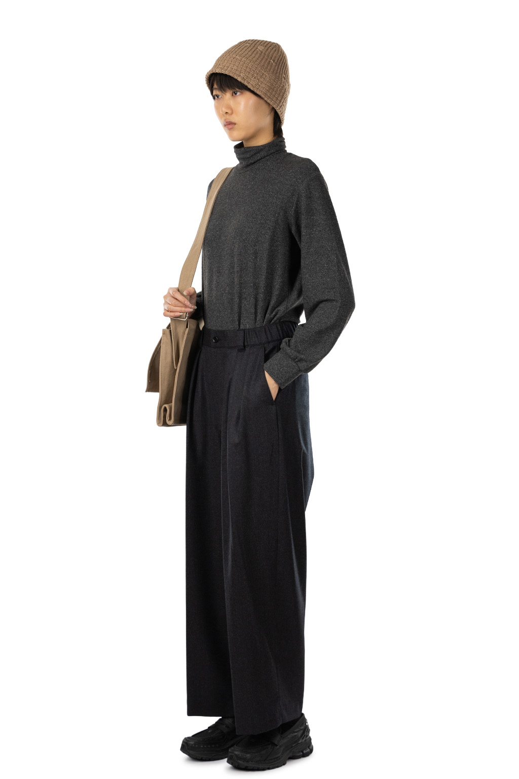 TOUJOURS - Super 120s Worsted Wool Flannel Baggy Pants - Charcoal