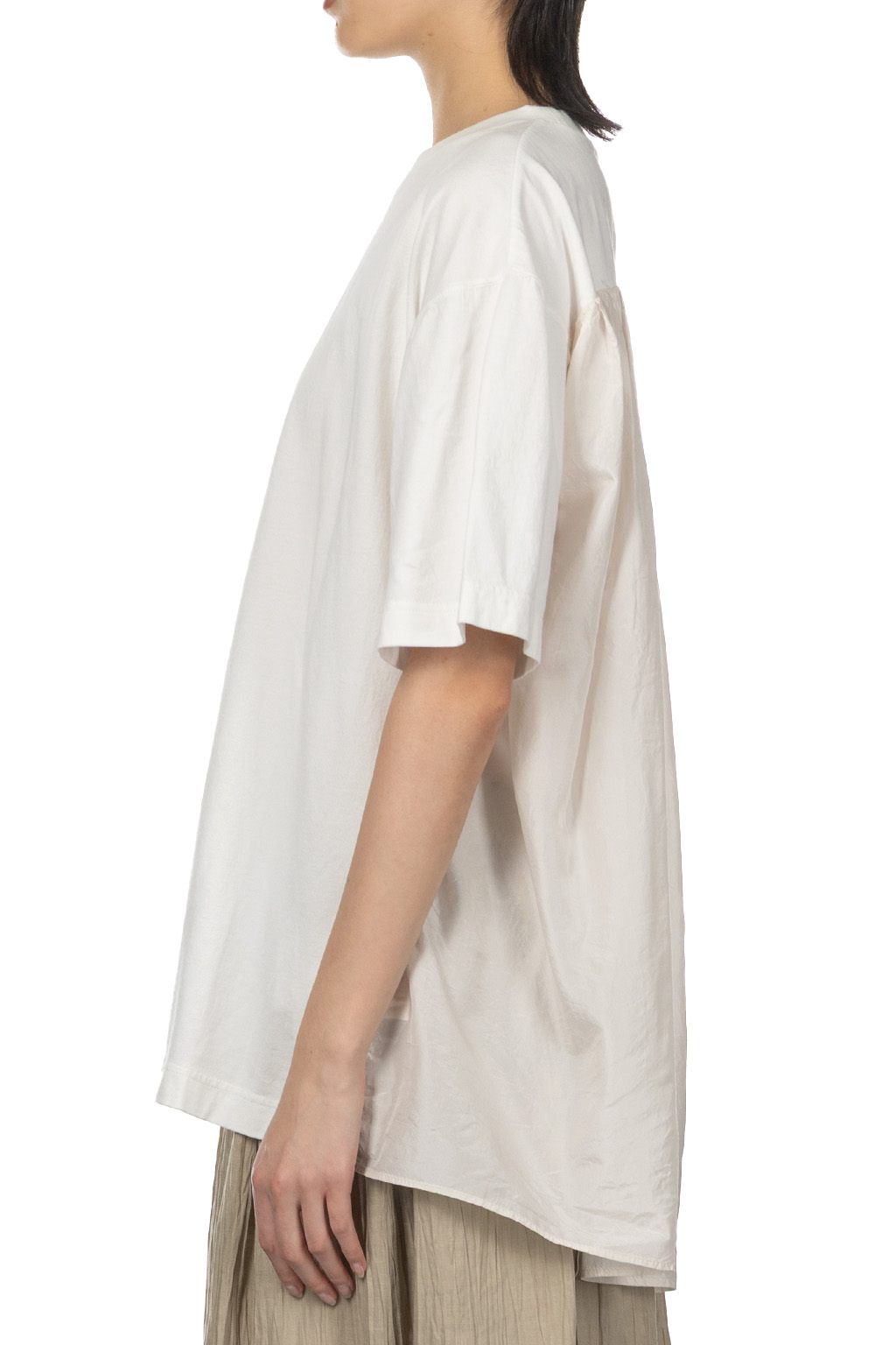 TOUJOURS - Organic Cotton Light Jersey Combination T-Shirt -Off White