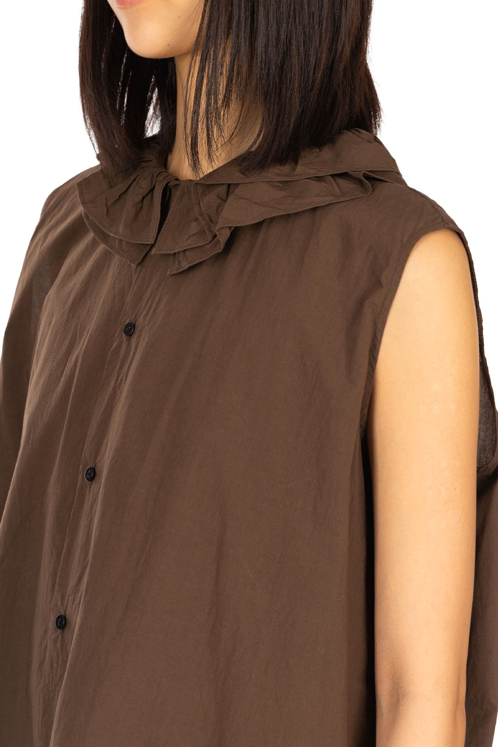 TOUJOURS - Ruffle Collar Sleeveless Shirt - Olive Brown