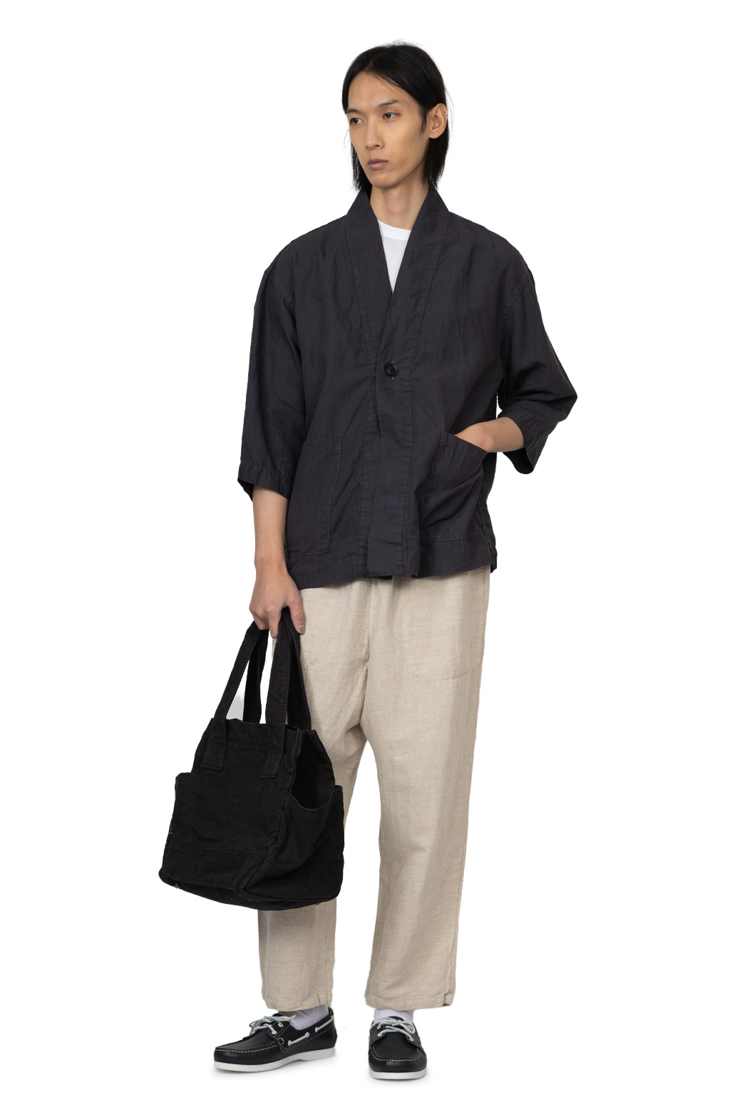 Tigre Brocante - Linen Kimono 3/4 Sleeve Shirt - Sumi