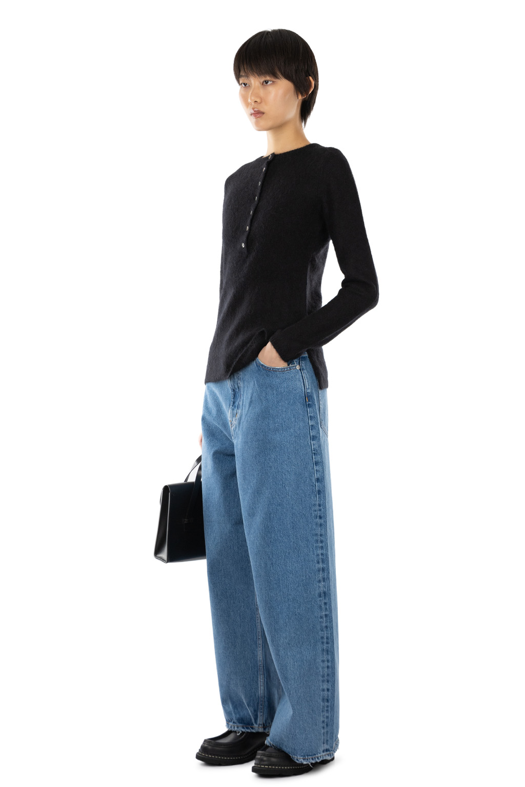 YLEVE - Fairy Alpaca Knit Henley Neck Sweater - Black