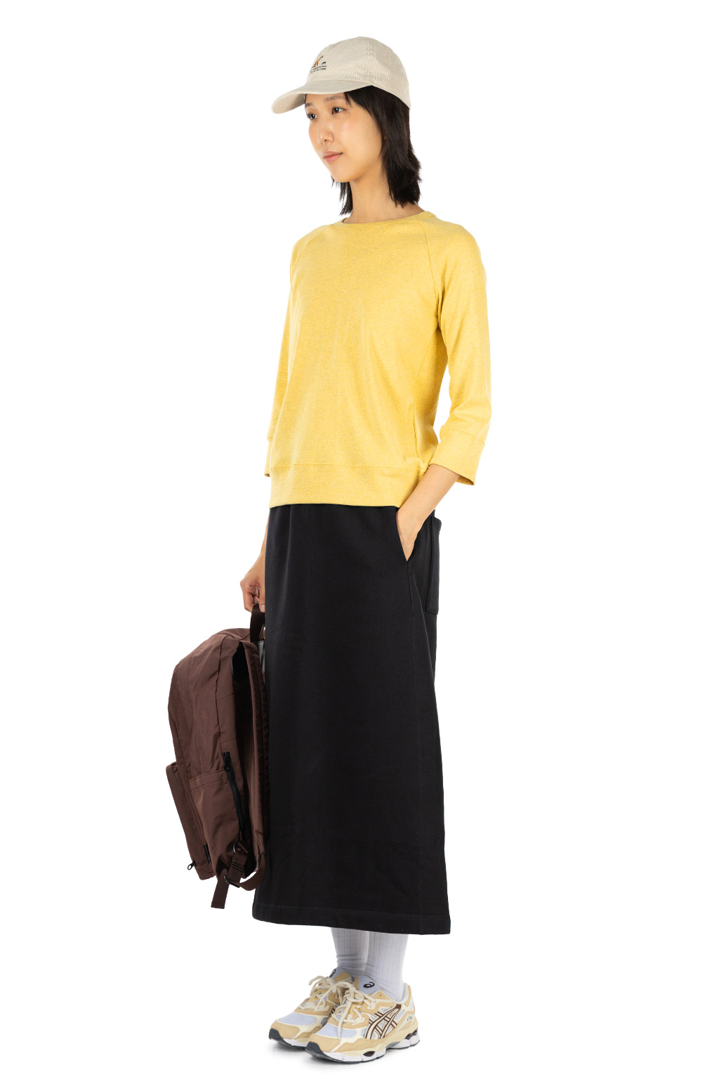 harmonie - Cotton Rib Raglan Three-Quarter Sleeve Pullover - Yellow