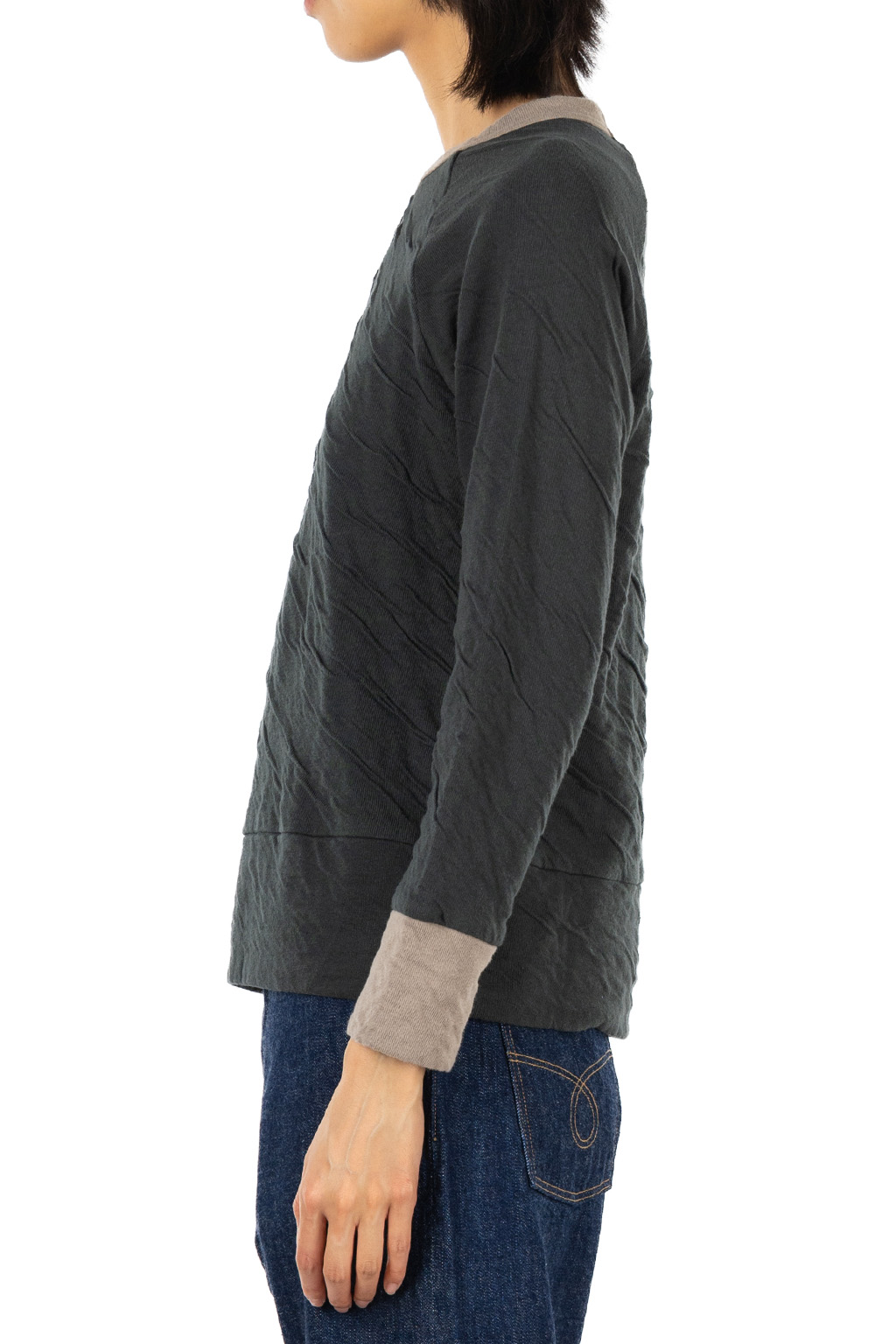 harmonie - Fluffy Double-Knit Bi-Color Raglan Pullover - Charcoal Mocha