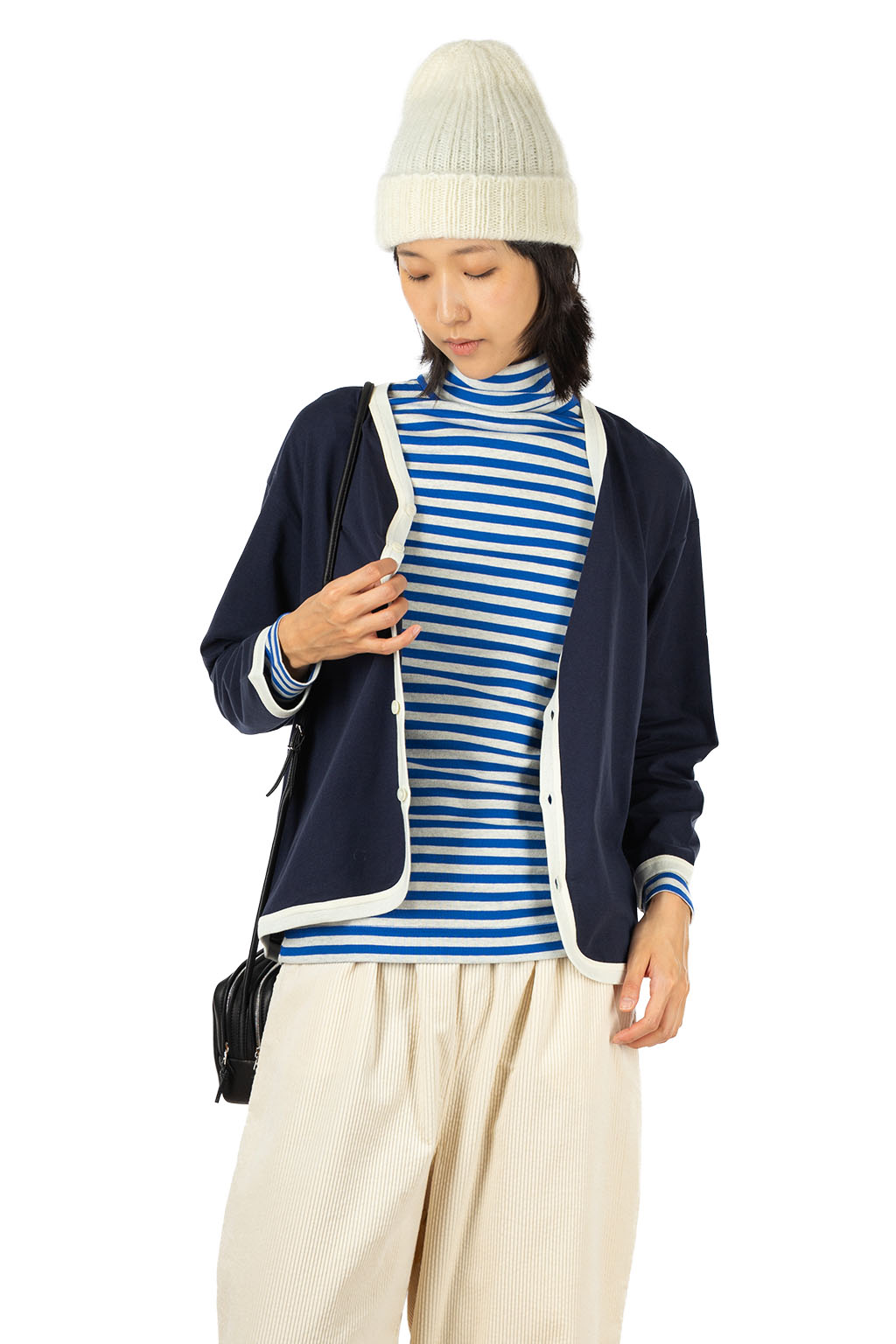 harmonie - Jersey Drop Shoulder V-Neck Cardigan - Navy Natural