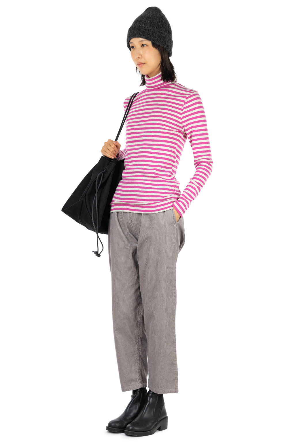 harmonie - Rib Knit Stripe Turtleneck Pullover - Pink